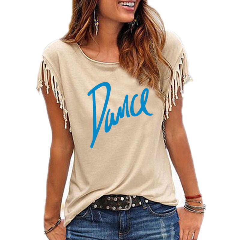 New Summer Casual Letter Dance Women Cotton Tassel Casual T-shirt Loose Tees Short Sleeve O-neck Women's Clothing t shirt