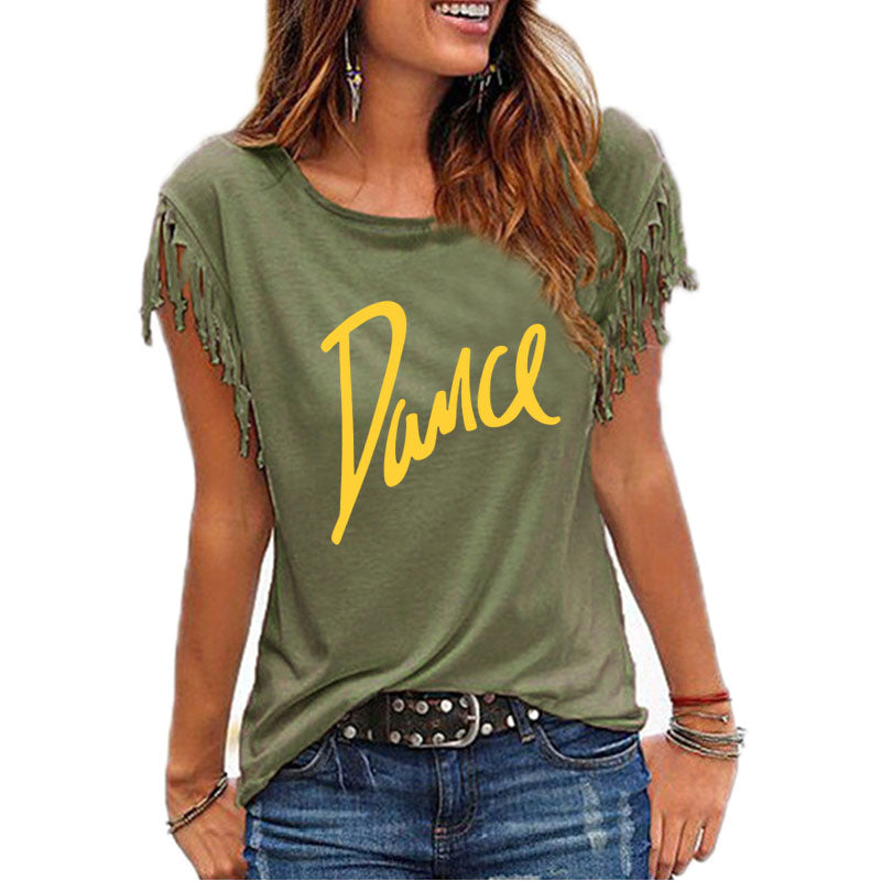 New Summer Casual Letter Dance Women Cotton Tassel Casual T-shirt Loose Tees Short Sleeve O-neck Women's Clothing t shirt