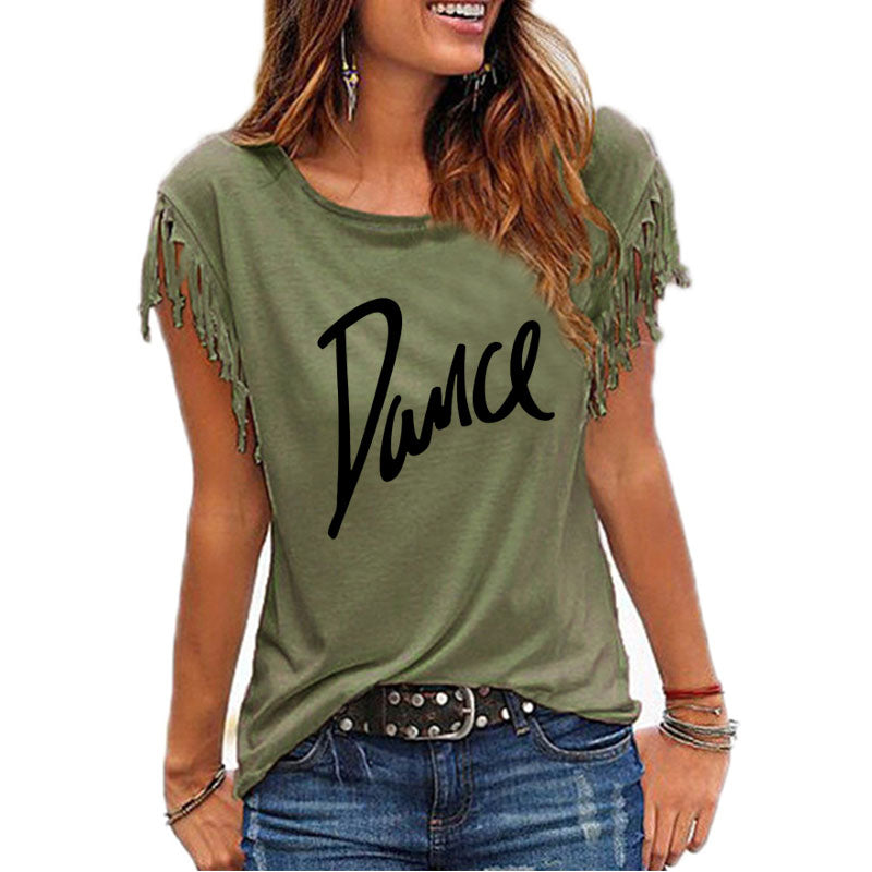 New Summer Casual Letter Dance Women Cotton Tassel Casual T-shirt Loose Tees Short Sleeve O-neck Women's Clothing t shirt