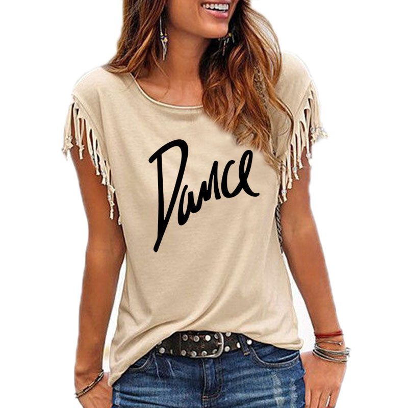 New Summer Casual Letter Dance Women Cotton Tassel Casual T-shirt Loose Tees Short Sleeve O-neck Women's Clothing t shirt