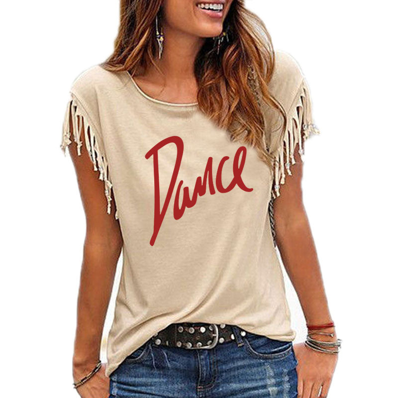 New Summer Casual Letter Dance Women Cotton Tassel Casual T-shirt Loose Tees Short Sleeve O-neck Women's Clothing t shirt