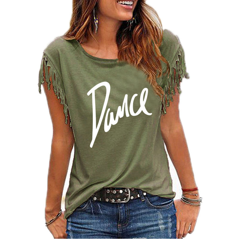 New Summer Casual Letter Dance Women Cotton Tassel Casual T-shirt Loose Tees Short Sleeve O-neck Women's Clothing t shirt